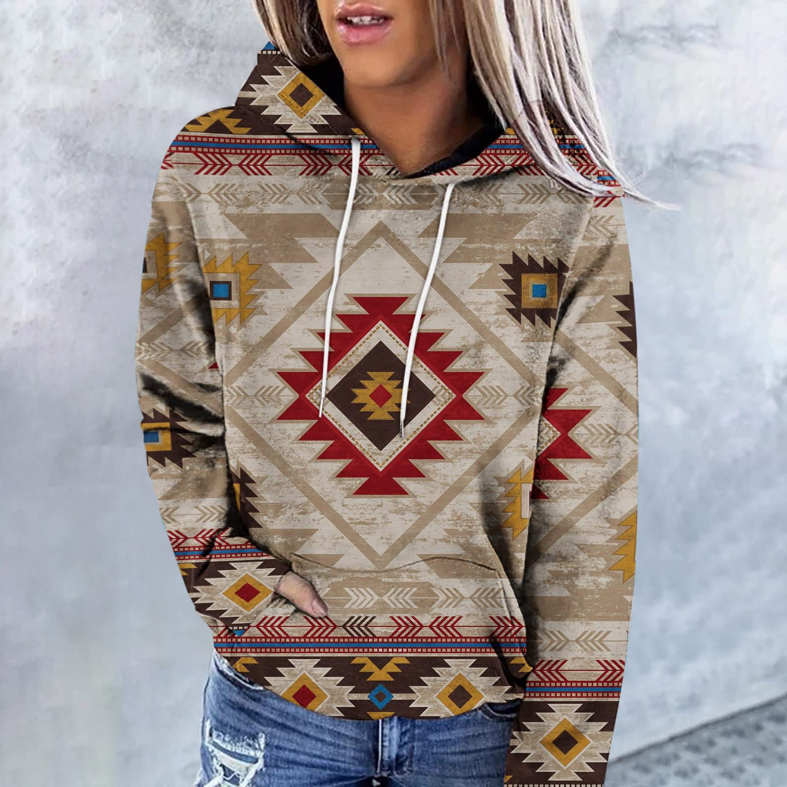 Ceboyel Women's Aztec Vintage Graphic Hoodie - Western Ethnic Pullover Sweatshirt, Casual Fall Fashion Top for Outdoor Adventures and Cozy Evenings