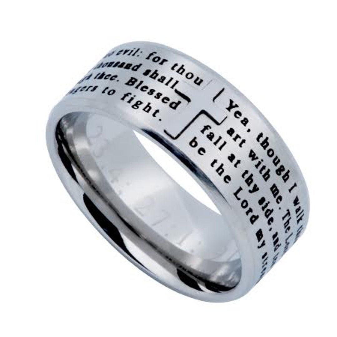 Psalm 23:4 Christian Cross Ring for Men - Stainless Steel Religious Jewelry - Perfect for Church, Bible Study & Daily Faith Inspiration