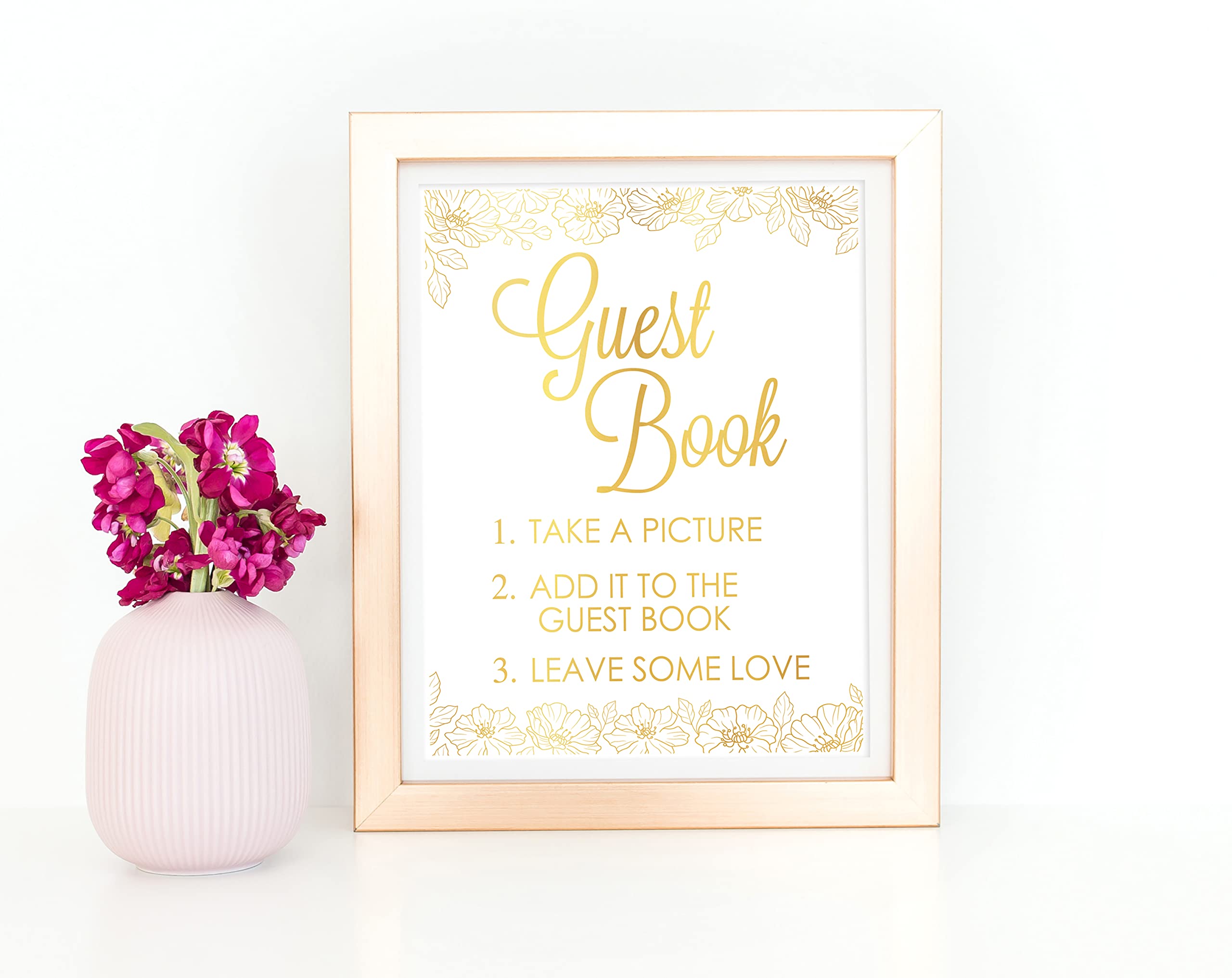 Elegant Gold Foil Wedding Guest Book Sign - Floral Design Guestbook for Ceremonies - Unframed Poster with Real Foil Cardstock - Multiple Sizes Available - Perfect for Wedding Receptions, Bridal Showers & Anniversary Celebrations