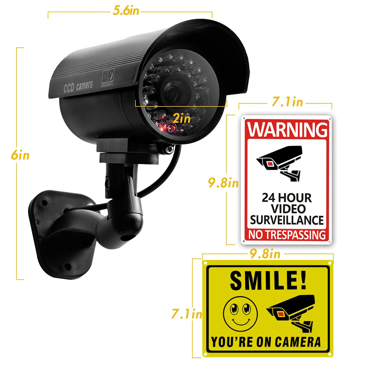 **4 Pack Fake Security Camera with No Trespassing Signs - Dummy Surveillance Camera with Realistic LED Red Light & Warning Stickers - Indoor/Outdoor Use for Home, Yard, Garage, Office (Set of 8)**