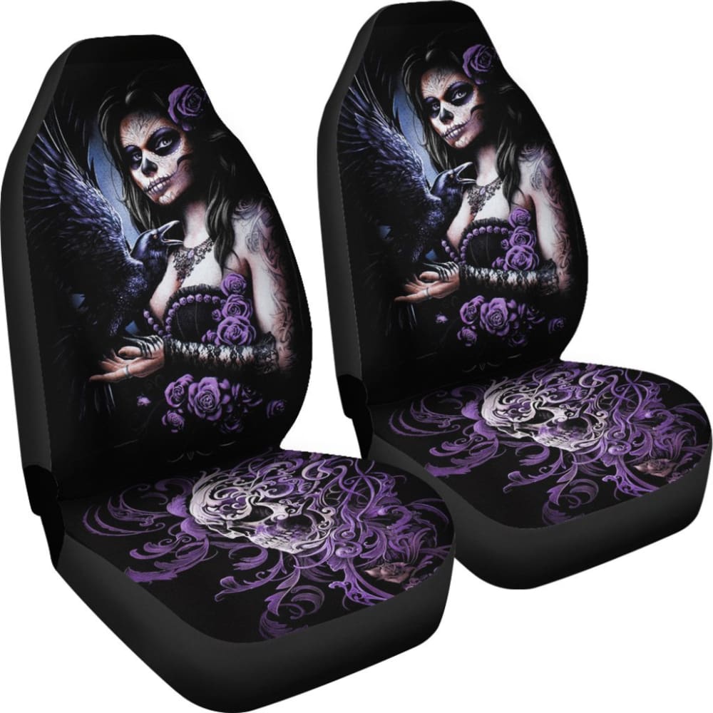 2 Pcs Sugar Skull Girl Car Seat Covers - Gothic Floral Print Universal Fit for Cars, Trucks & SUVs - Perfect for Dia de Los Muertos Decor and Halloween Car Accessories
