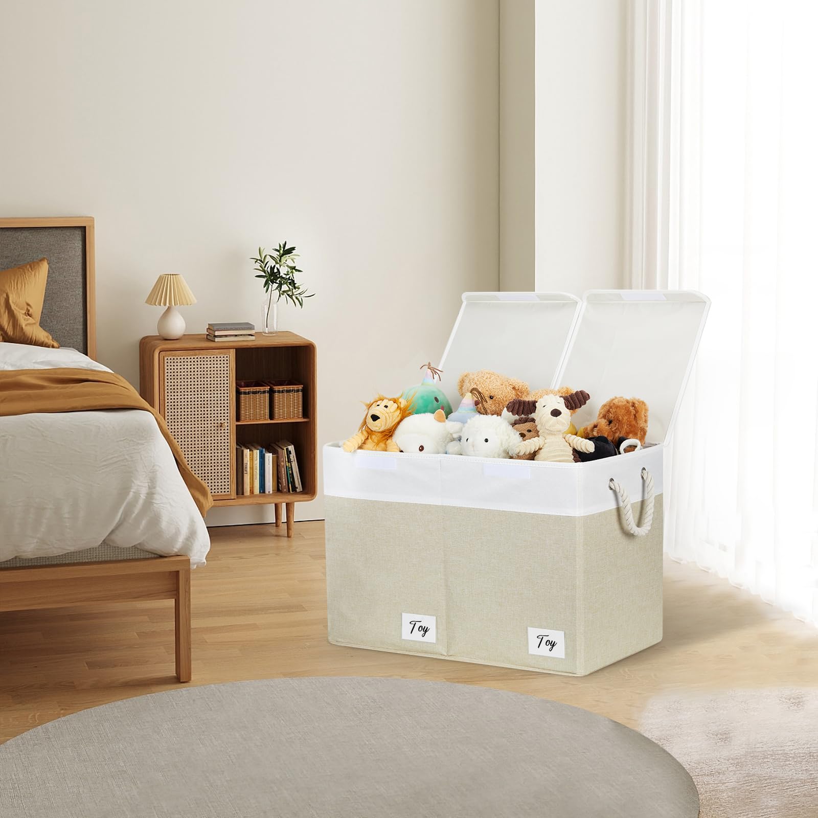 HNZIGE Large Collapsible Fabric Storage Box with Flip-Top Lid - Toy Organizer Bin for Kids Bedroom, Clothes & Toys - Foldable Toy Chest Container (White & Beige) | Perfect for Nursery Organization, Playroom Storage & Closet Decluttering