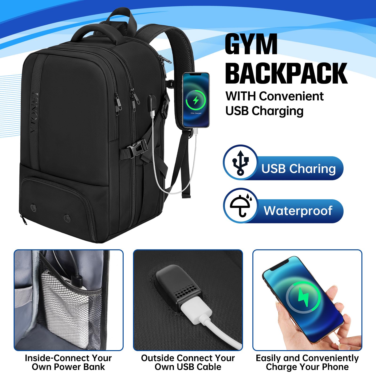 Ytonet Large Gym Backpack for Men & Women - 17.3 Inch Laptop Travel Backpack, TSA Approved Carry On Bag for Workout, Sports, Business Travel & Daily Commute - Durable Black Sports Backpack for Gym, Office & Airplane Use