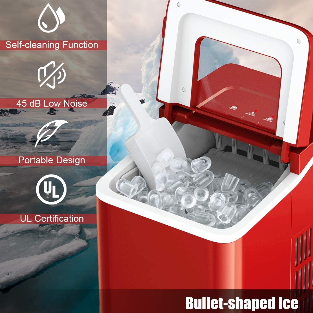 Posdutti Countertop Ice Maker Machine - 26Lbs/24H, Bullet-Shaped Ice Cubes in 8 Minutes, Portable Electric Ice Maker with Basket & Scoop, Self-Cleaning Function - Perfect for Home, Office, Parties, RV & Outdoor Use (Red)