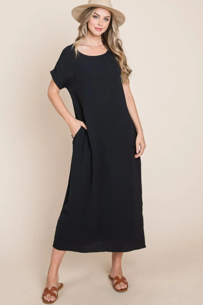 BOMBOM Women's Summer Round Neck Short Sleeve Midi Dress with Pockets - Casual Flowy Dress for Beach, Vacation & Everyday Wear