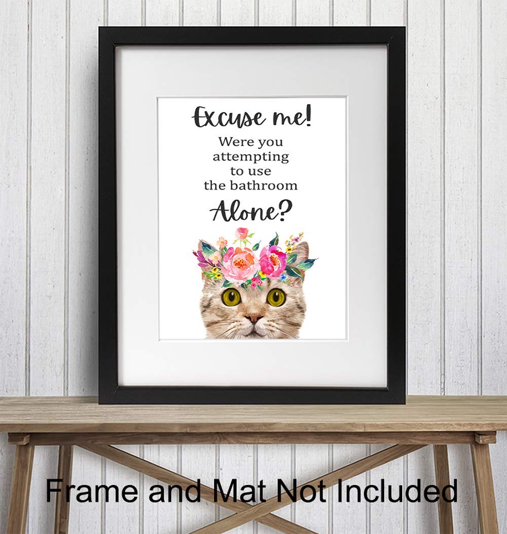 Cute Cat Bathroom Wall Art Decor - Funny Tabby Cat Poster for Women - Cat Lover Gift Idea - Perfect for Powder Room & Bath Wall Decoration | Ideal for Home Decor, Housewarming Gift & Pet Lover's Bathroom
