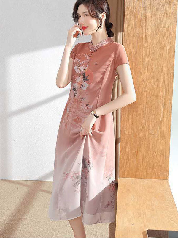 Elegant Pink & Green Floral Chiffon A-Line Cheongsam Qipao Dress for Women | Traditional Chinese Dress for Parties, Weddings & Special Occasions