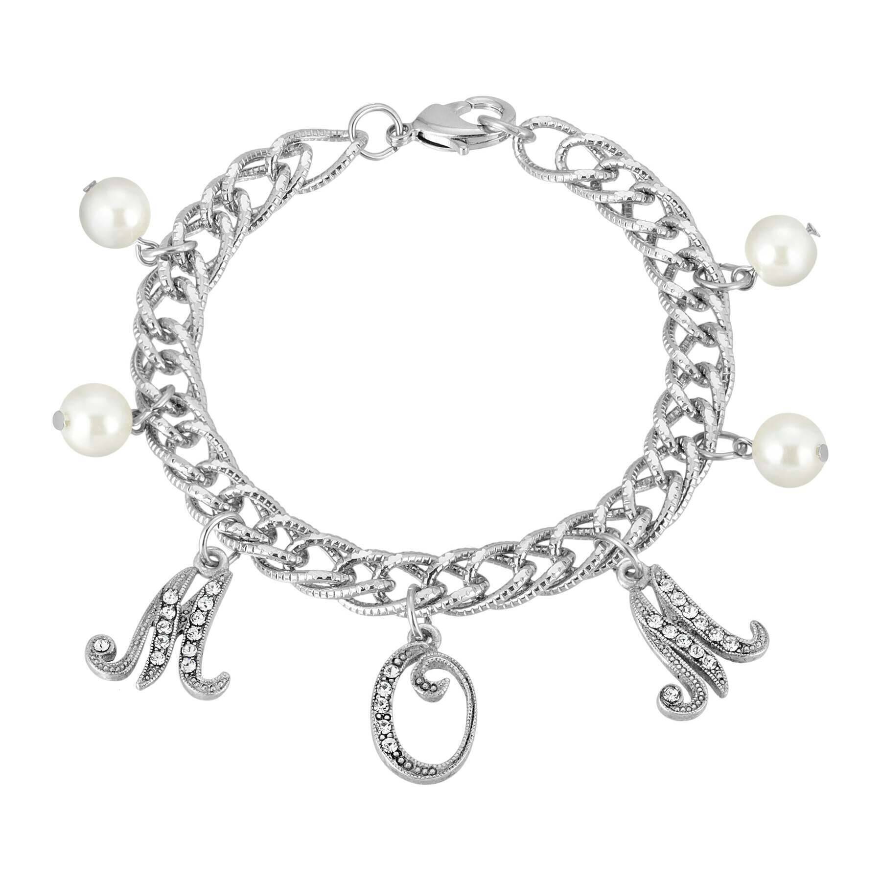 1928 Jewelry Euro Crystal Mom Charm Faux Pearl Textured Chain Bracelet - Elegant Gift for Mother's Day, Birthday & Anniversary | Perfect for Women's Fashion Accessories & Special Occasions