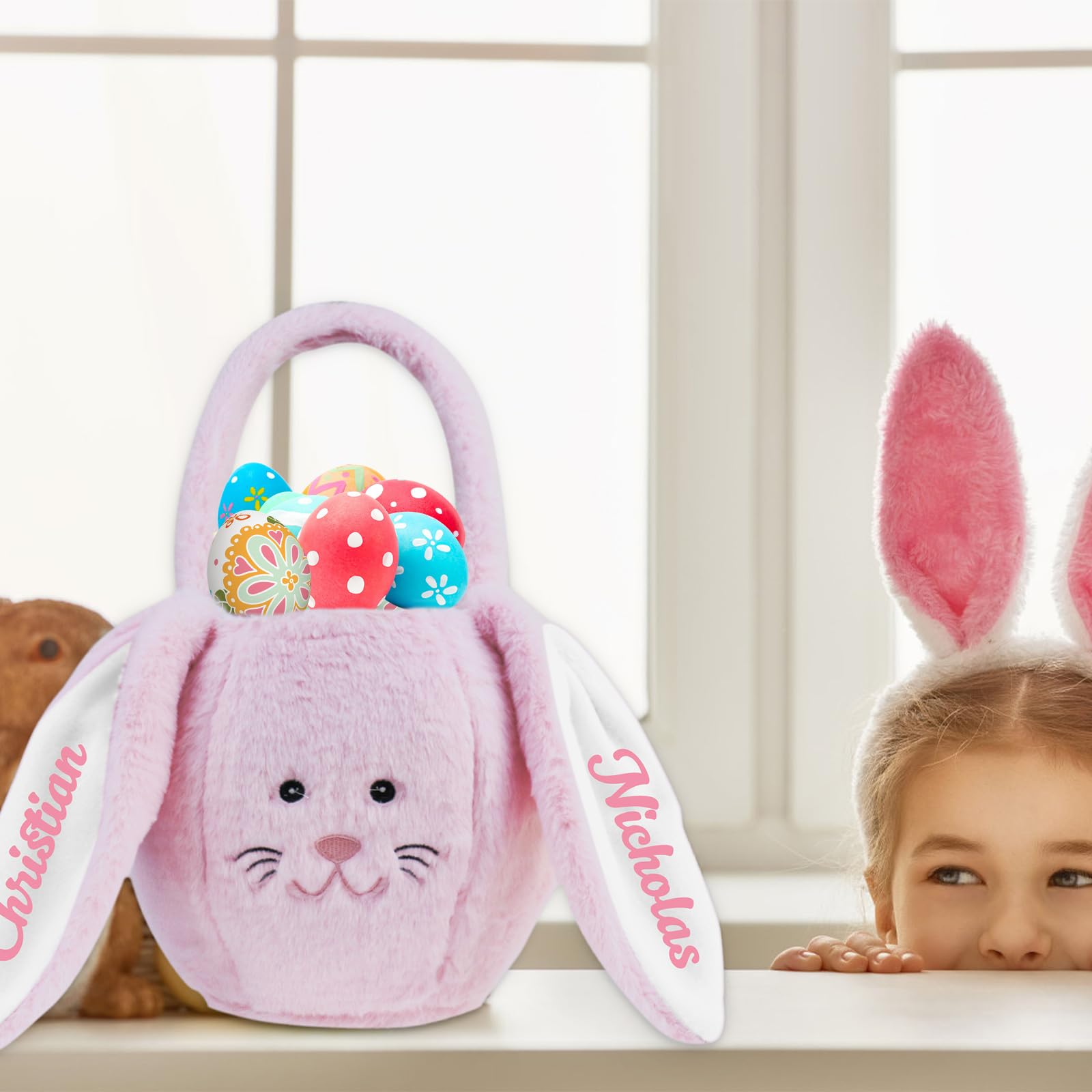 Personalized Easter Basket with Handle - Custom Name Easter Plush Bunny Ear Gift Bag for Boys & Girls (Pink) - Perfect for Easter Egg Hunts, Spring Celebrations & Holiday Gifting
