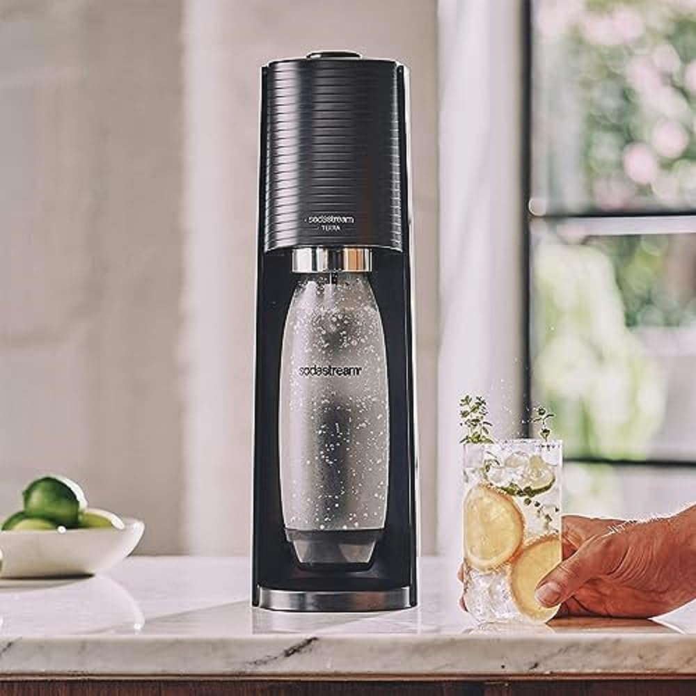 SodaStream Terra Sparkling Water Maker Machine - Black, Includes 1L Fuse Bottle, 2x 0.5L Fuse Bottles & Pink CO2 Cylinder (Makes 60L Sparkling Water) - Perfect for Home, Office & Parties