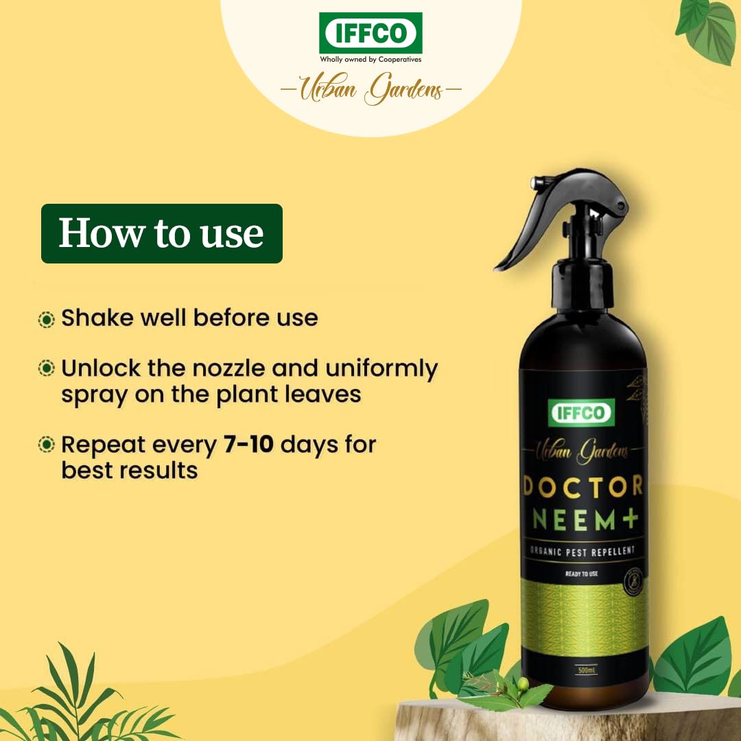 IFFCO Urban Gardens - Doctor Neem+ 500ml Organic Pest Control Spray - 3-in-1 Neem, Pongamia & Lemongrass Oil Formula - Kills Mealy Bugs & Fungus - Safe for Indoor & Outdoor Plants - Perfect for Home Gardens, Potted Plants & Greenhouses