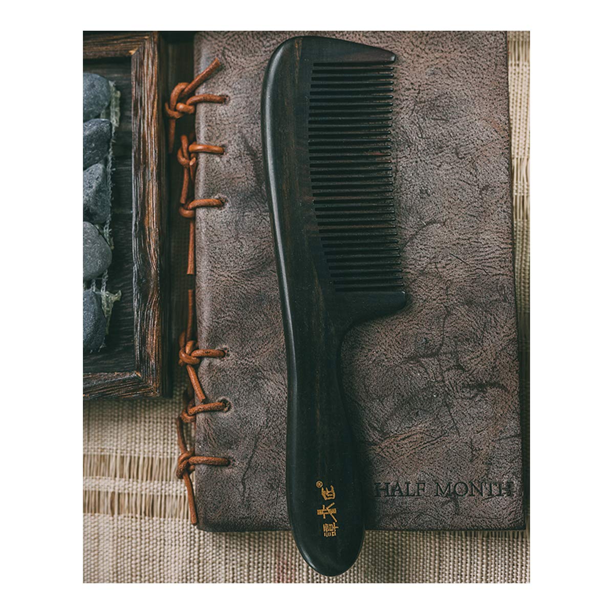 Natural Sandalwood Wooden Hair Comb for Women & Kids - Detangling Fine Tooth Comb with Dressing Mirror, Anti-Static, Black | Perfect for Daily Hair Care, Travel, and Salon Use