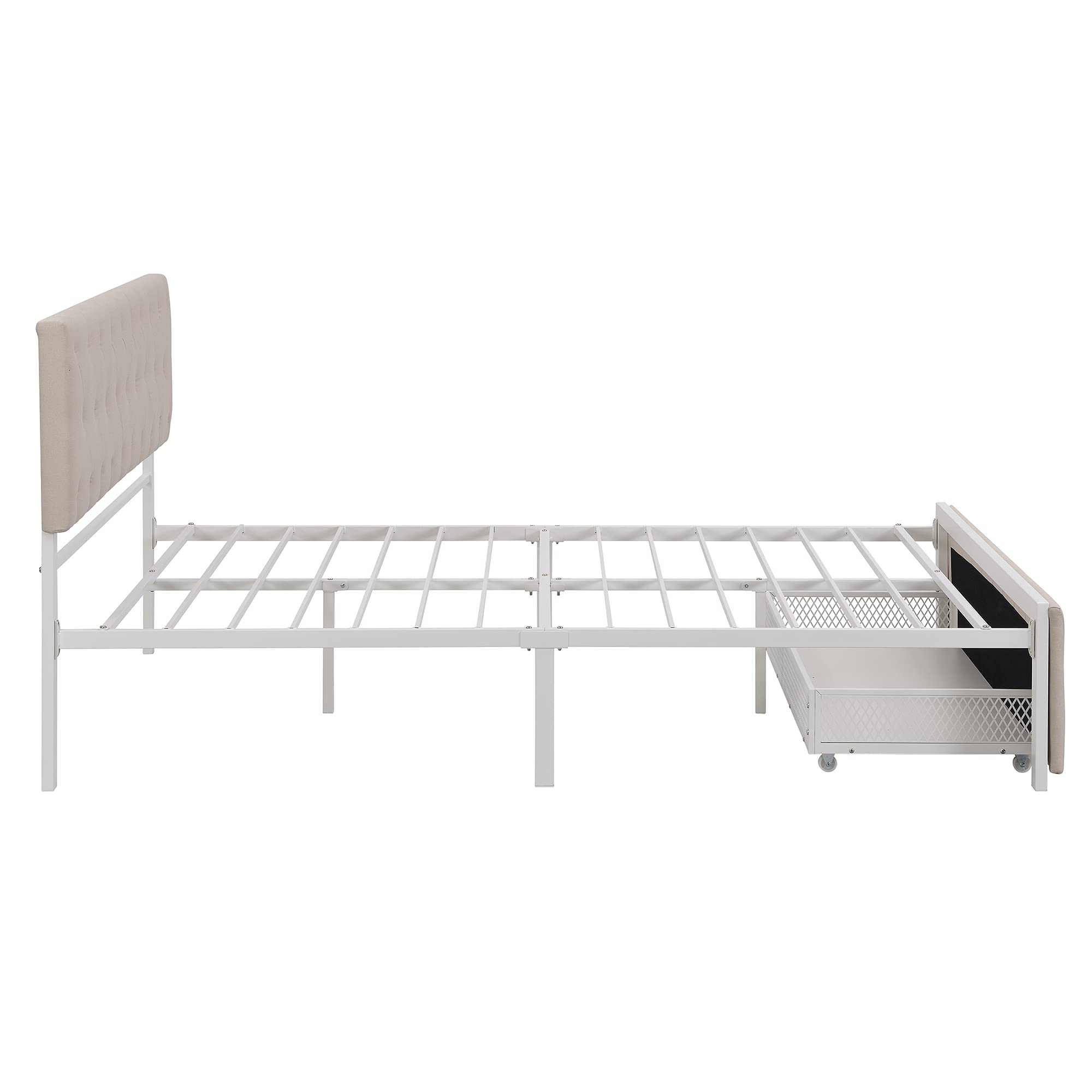 Queen Size Upholstered Platform Bed with Storage Drawer - Sturdy Metal Frame & Slat Support System, No Box Spring Needed, Beige - Perfect for Small Bedrooms, Guest Rooms & Modern Apartments