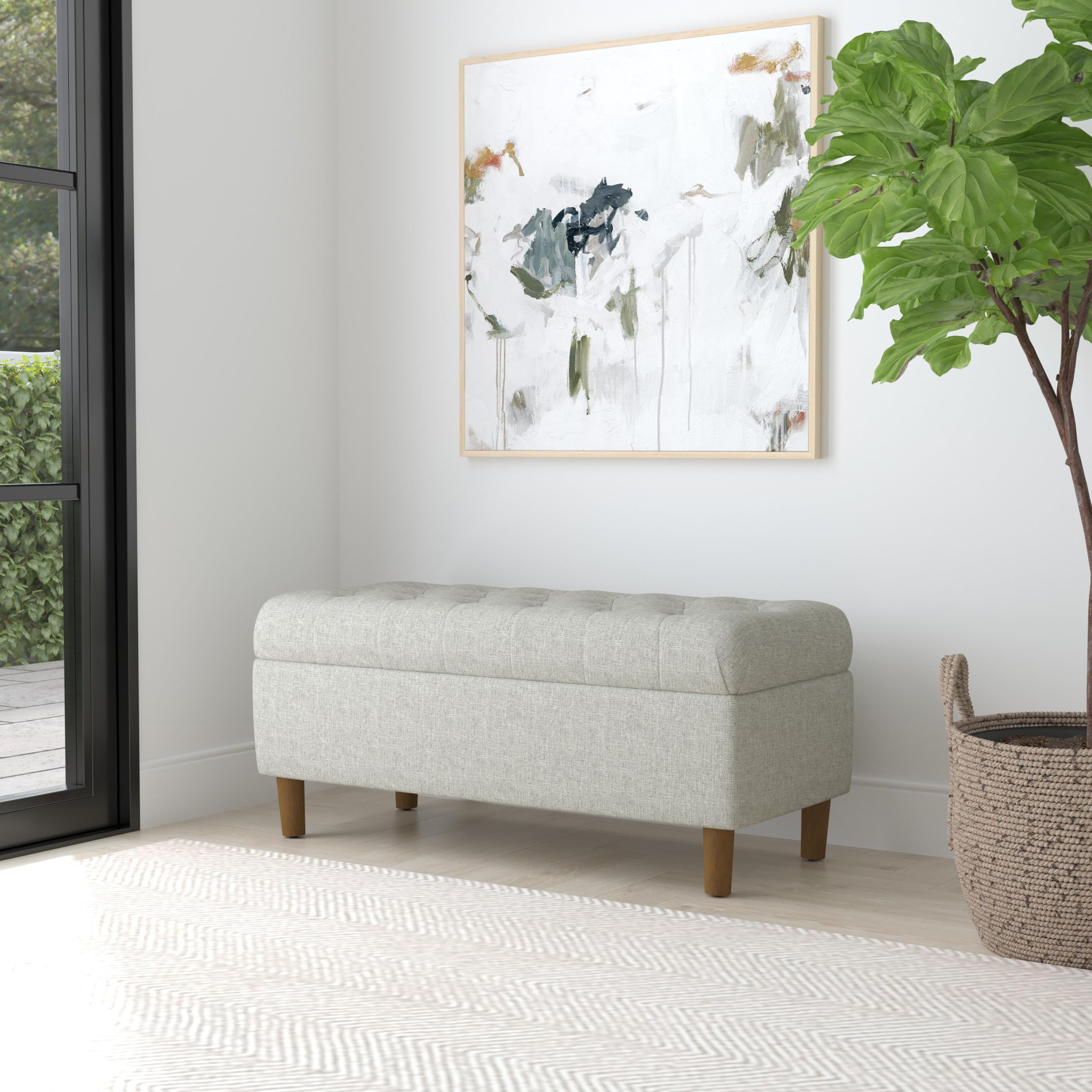HomePop Tufted Ainsley Button Storage Ottoman Bench with Hinged Lid - Gray Woven Upholstered Footrest Stool for Living Room, Bedroom & Entryway - Multi-Functional Seat with Hidden Storage Space for Blankets, Pillows or Toys