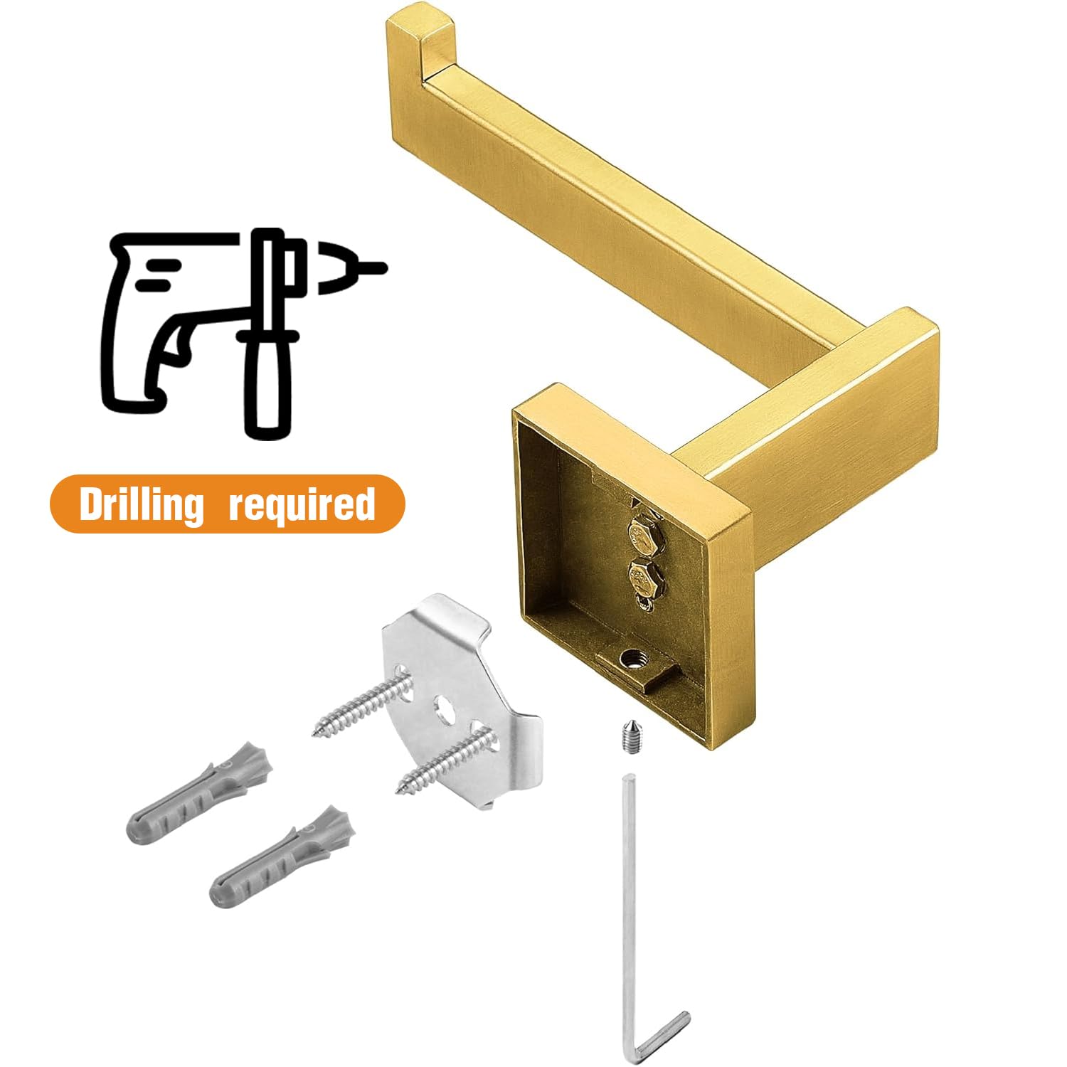 HITSLAM Brushed Gold Brass Toilet Paper Holder - Premium 304 Stainless Steel Wall Mount Bathroom Tissue Roll Holder - Rustproof Square Design for Modern Home & Luxury Hotel Bathrooms