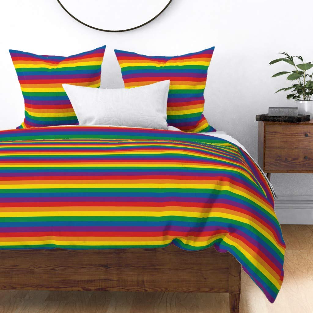 Rainbow Pride Stripes LGBT Flag Cotton Sateen Duvet Cover Twin Size - Vibrant Red Purple Print Custom Bedding for Gay Pride, Summer Decor & LGBTQ+ Themed Bedroom