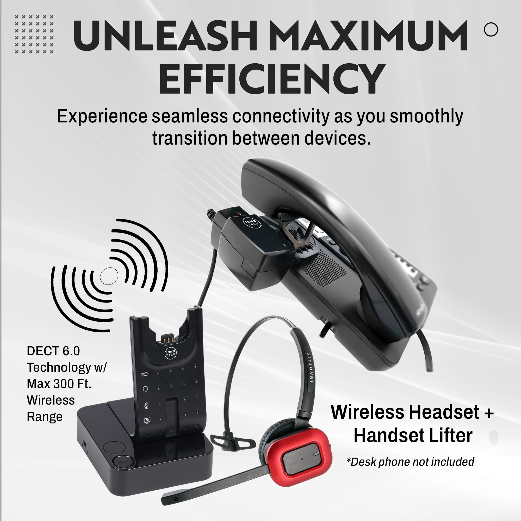 INNOTALK Wireless Headset for Office Phones - Remote Hook On/Off Handset Lifter, 300ft Range Headset for Landline & Corded Phones | Perfect for Call Centers, Reception Desks & Long Business Calls
