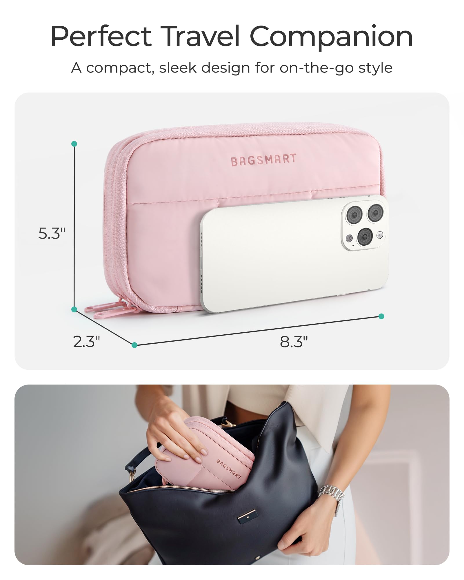 BAGSMART Electronics Organizer Travel Case - Cord Storage for Chargers, Cables & Phones - Compact Tech Accessories Pouch in Pink - Perfect for Travel, Office & Home Organization