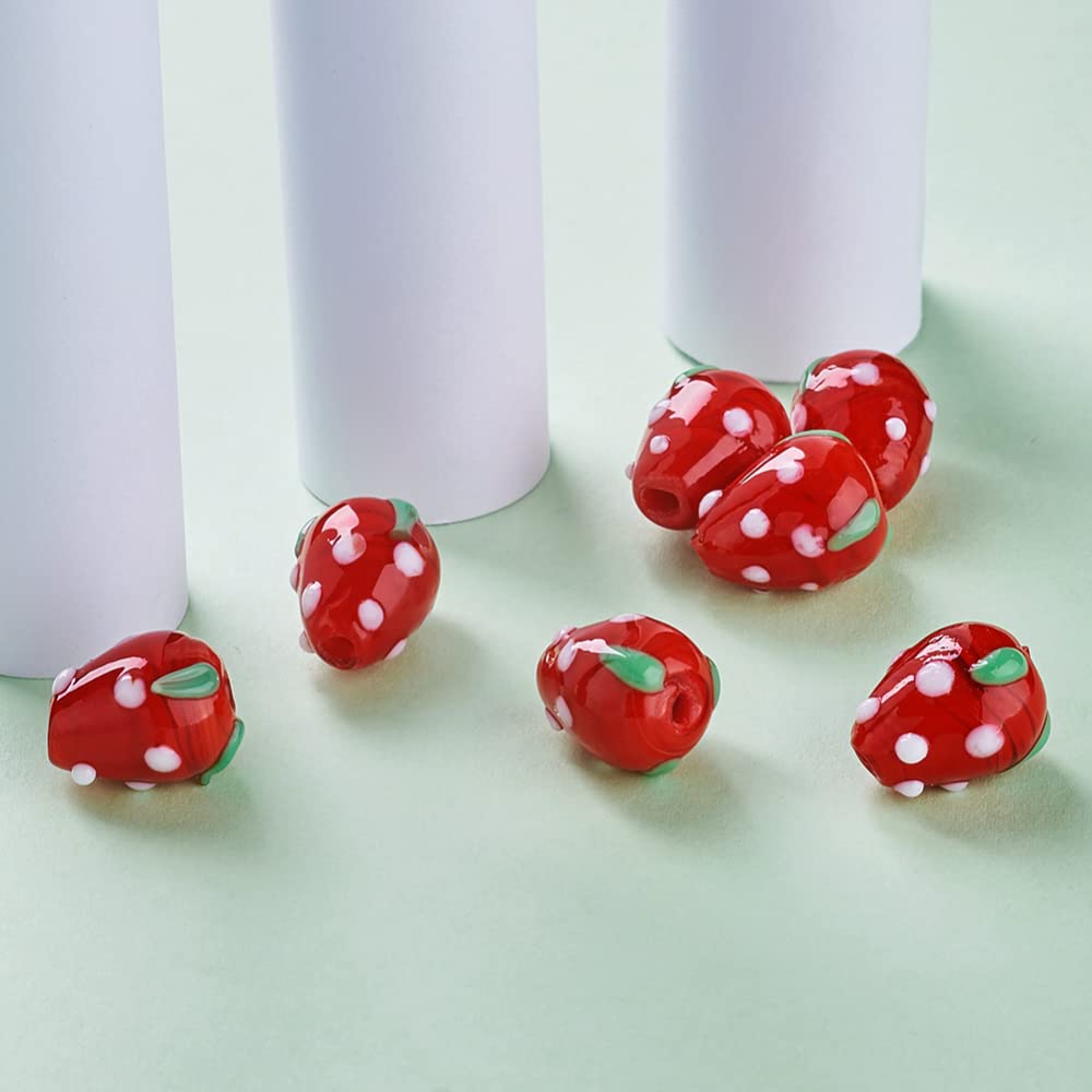 Cheriswelry 12pcs Red Strawberry Handmade Lampwork Glass Beads - 3D Cute Fruit Spacer Beads 16x11mm Center Drilled for DIY Jewelry Making, Earrings, Bracelets, Necklaces, Craft Supplies - Perfect for Summer Accessories & Gift Ideas