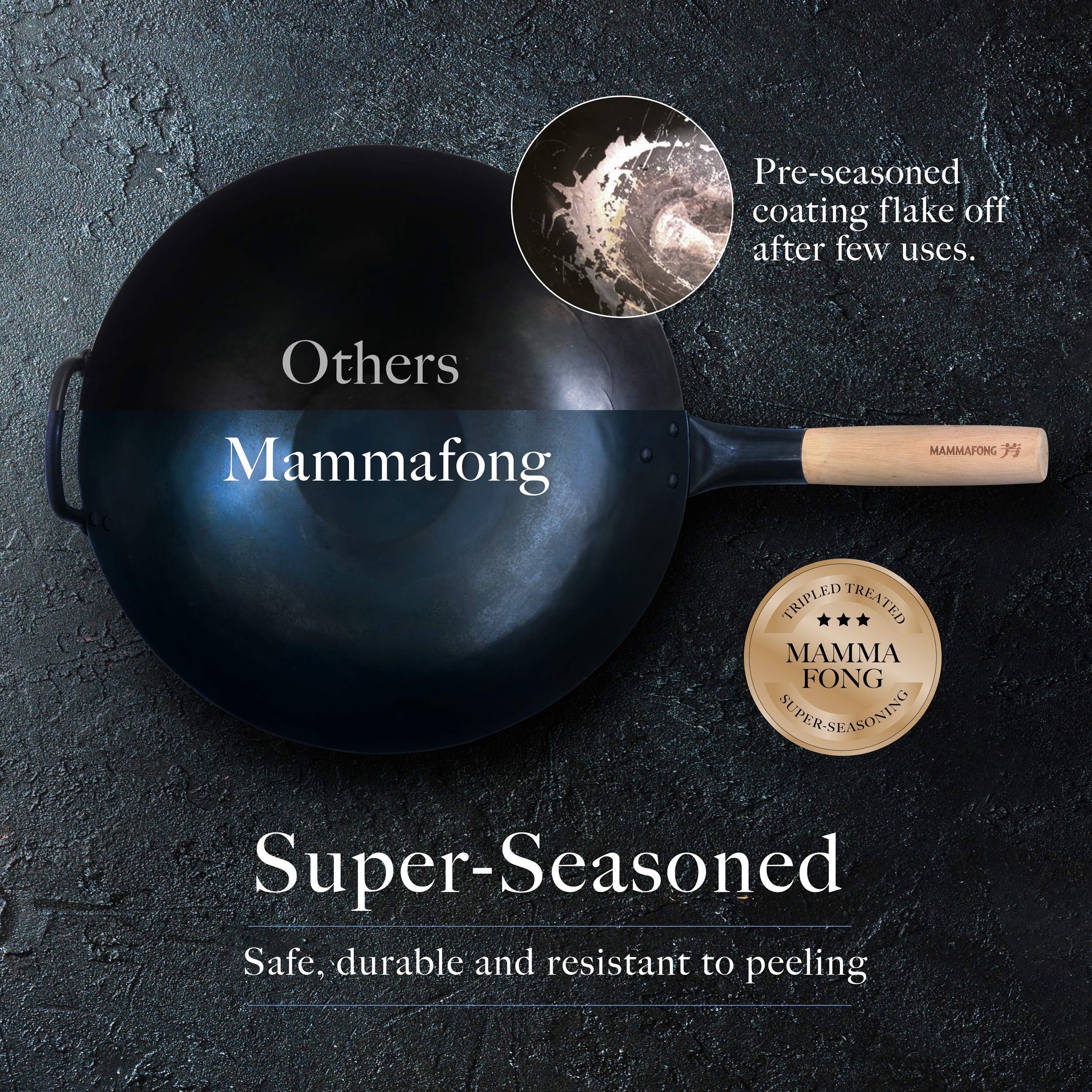 14 Inch Mammafong Pre-Seasoned Blue Carbon Steel Wok - Traditional Hand-Hammered Flat Bottom Stir Fry Pan for Chinese Cooking | Perfect for Searing, Stir-Frying & Deep Frying in Home Kitchens