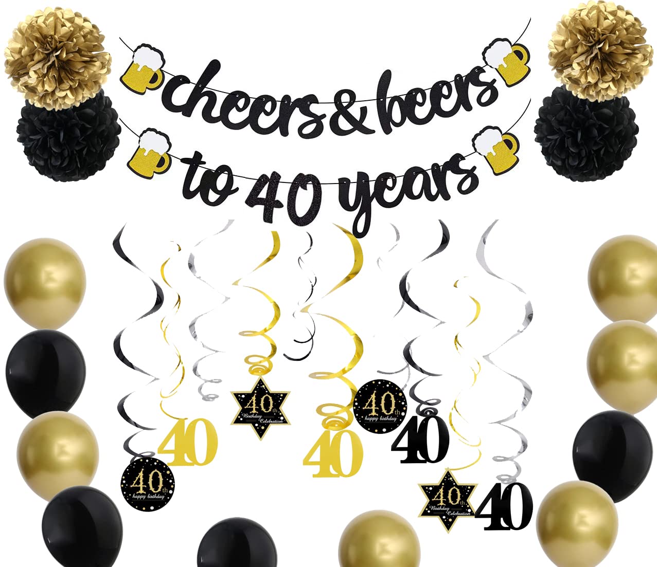 40th Birthday Party Decorations Set - Cheers & Beers to 40 Years Banner, Gold & Black Hanging Swirls, Paper Pom Poms & Latex Balloons for Adult Milestone Celebration - Perfect for Home, Bar or Surprise Party Decor