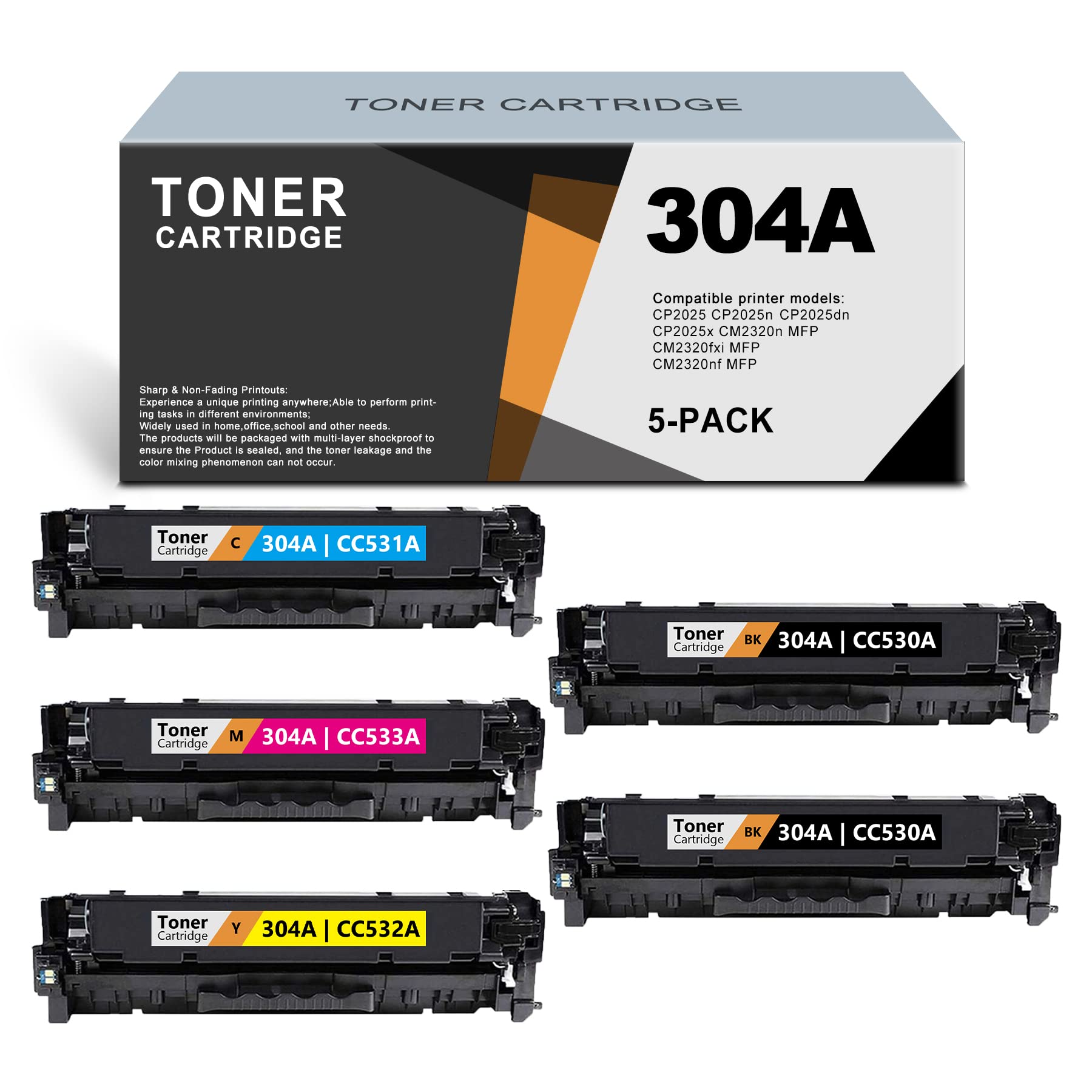 HP 304A Compatible Toner Cartridge Replacement (5-Pack, 2BK/C/M/Y) for HP CM2320nf CM2320n CM2320fxi MFP CP2025 Series Printers | High-Yield Office Printing Solution - Sold by ARSEINK