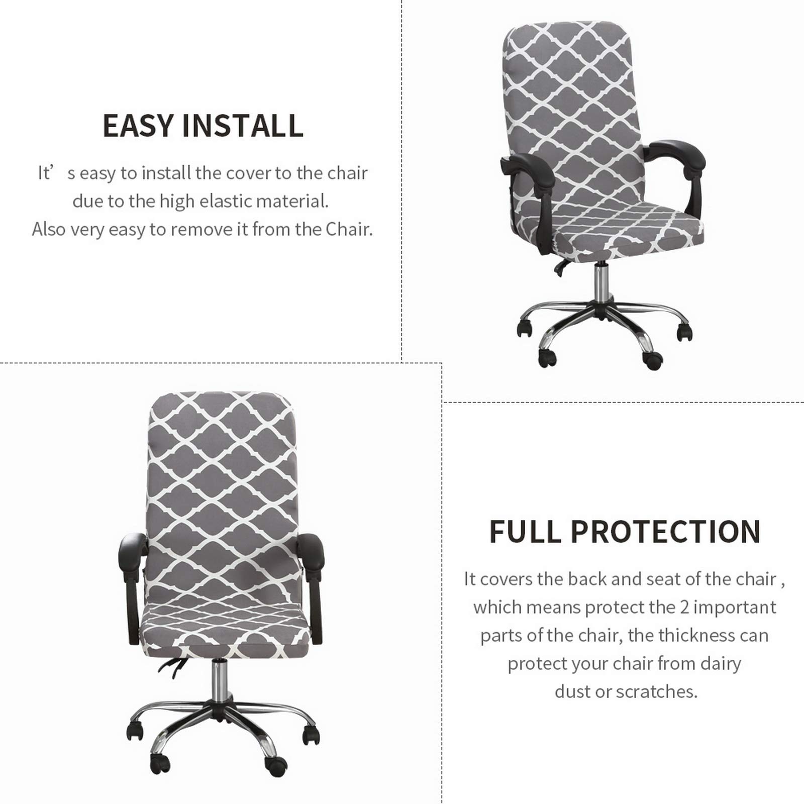 Durable Zippered Office Chair Cover - Washable Stretchable Desk Chair Slipcover for High Back Computer Chairs - Medium Size Grey Rhombus Print - Perfect for Home Office, Gaming & Workspace Decor
