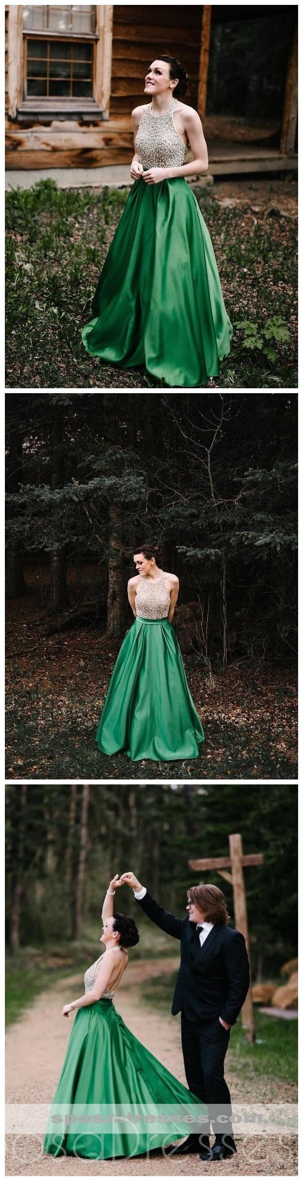 Elegant Beaded Green Halter A-Line Long Evening Prom Dress for Sweet 16 | Formal Gown for Homecoming, Quinceañera & Special Occasions