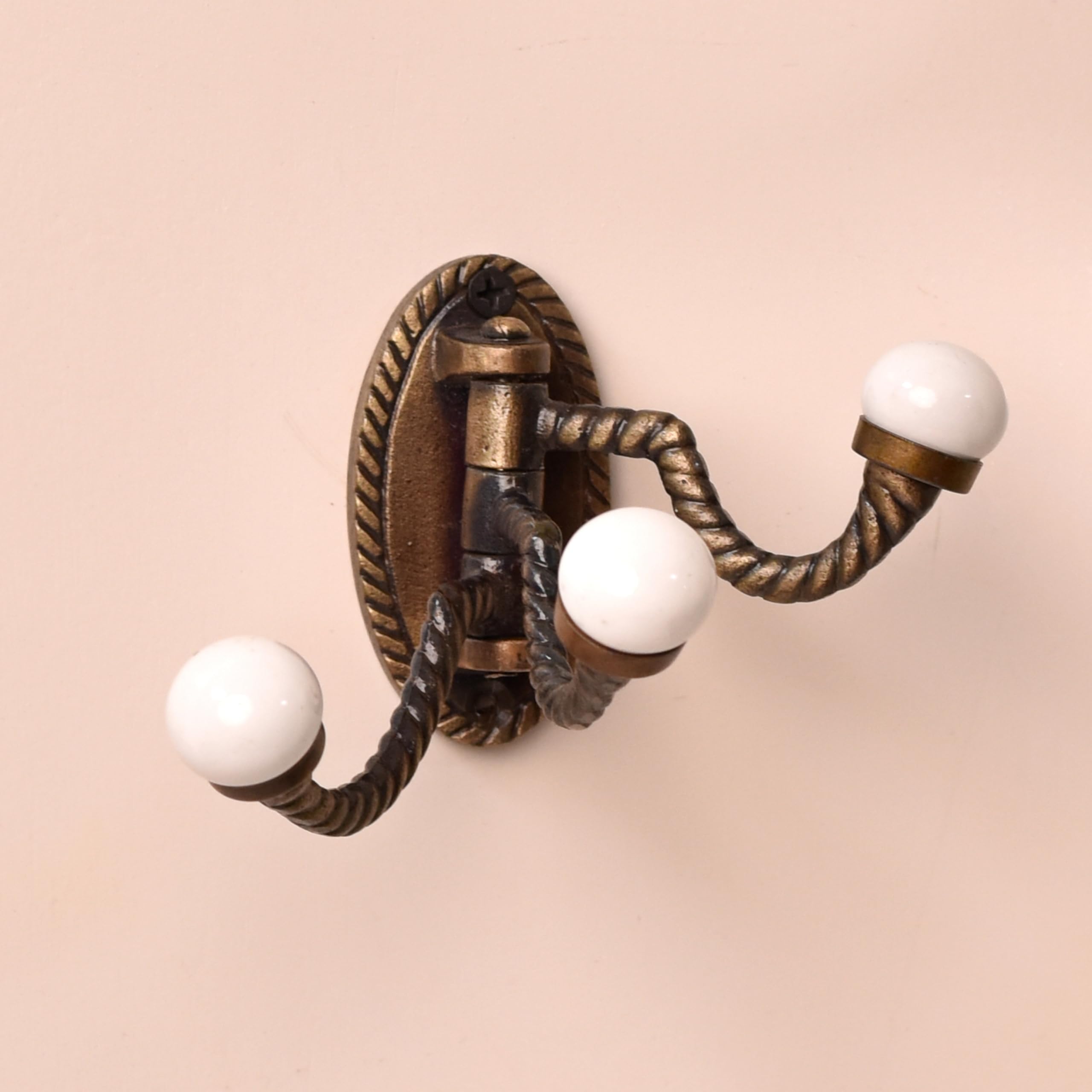Vintage Iron & Ceramic Swivel Wall Hooks - 3-Prong Foldable Coat Hangers for Towels, Robes & Jackets | Antique-Style Space-Saving Solution for Bathroom, Bedroom & Entryway Organization