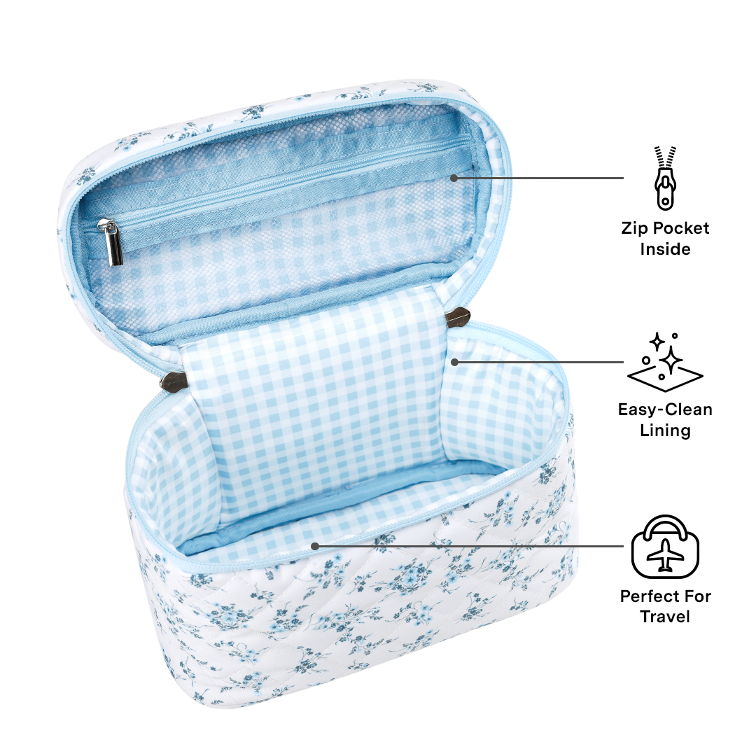 French Blue Floral Vanity Bag for Women - Elegant Cosmetic Makeup Travel Organizer | Perfect for Travel, Gym, and Daily Essentials Storage