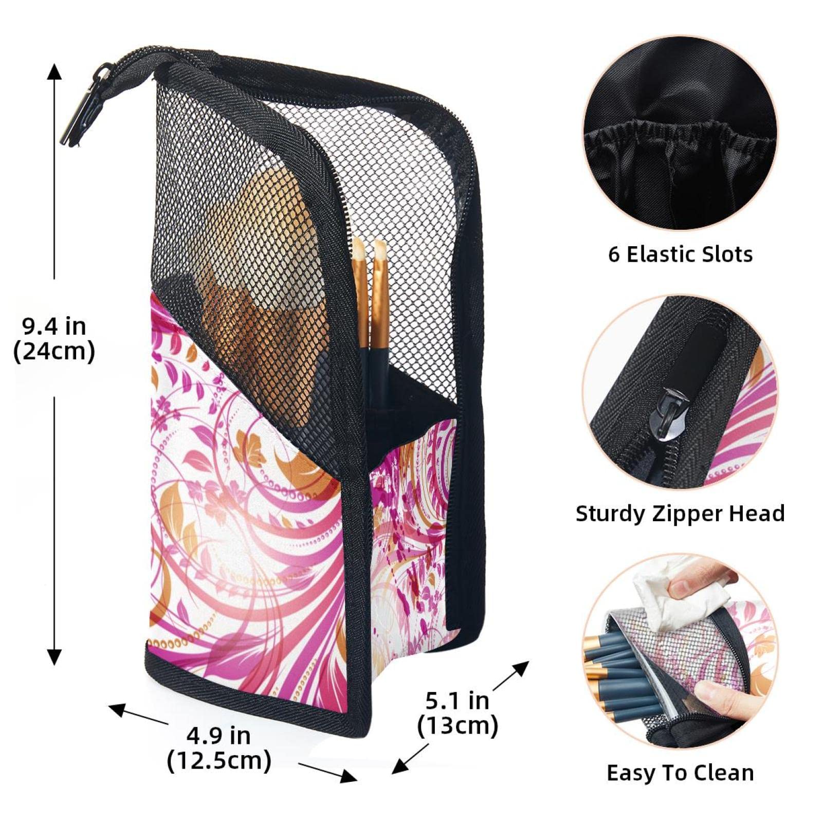 Floral Leaf Pink Makeup Brush Organizer Bag with 12 Brushes - Portable Cosmetic Brush Holder Case for Travel, Home Vanity & Professional Makeup Artists