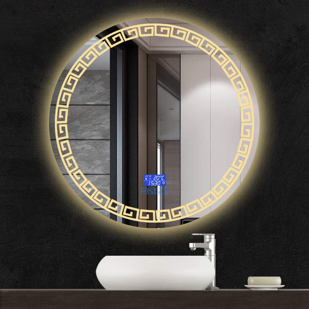 Round LED Vanity Mirror with Anti-Fog & Dual Touch Control - Chinese Style Lace Design (60x60cm, 70x70cm, 80x80cm, 90x90cm) for Bathroom Makeup & Dressing Room Decor