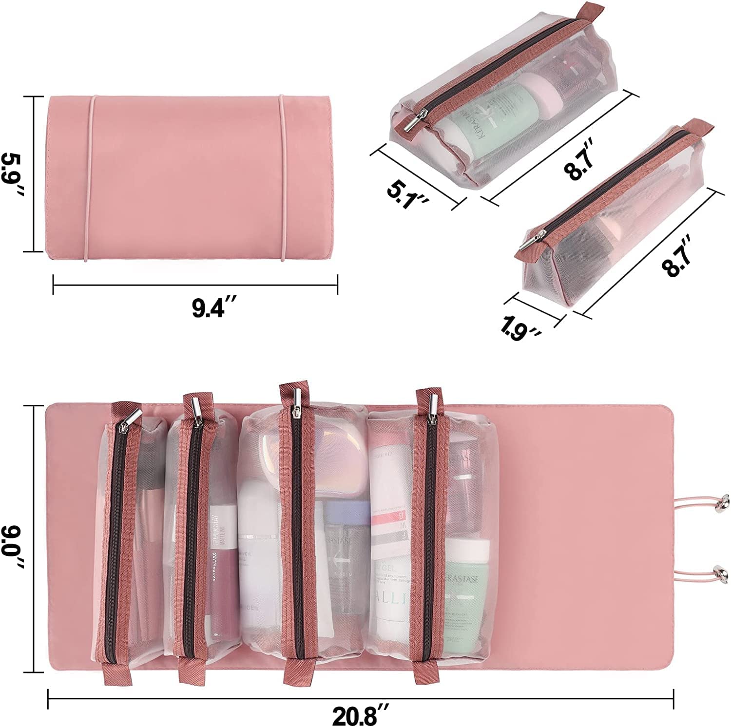 MURTISIDDH Roll Up Foldable Cosmetic Makeup Toiletry Storage Organizer Bag Kit with Removable Mesh Pouch - Rose Gold | Travel Organizer for Makeup Brushes, Skincare & Jewelry | Perfect for Vacation, Gym & Daily Use