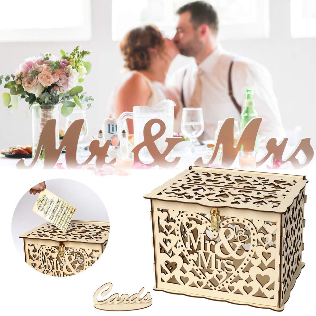 ELEOPTION Rustic Wooden Wedding Card Box with Lock - DIY Hollow Card Holder for Money & Gift Cards - Perfect for Wedding Reception, Anniversary, Baby Shower, Graduation & Birthday Party Decor
