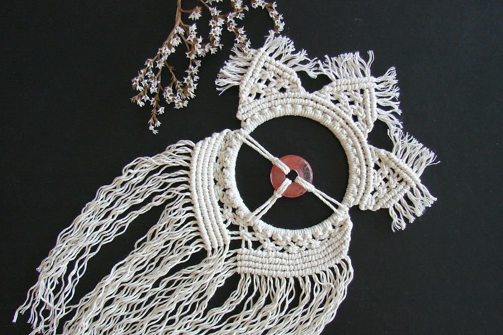 Handmade Macrame Wall Hanging Art with Cherry Quartz - Spiritual Gifts & Fiber Art Home Decor for Meditation Rooms, Yoga Studios & Boho Chic Living Spaces