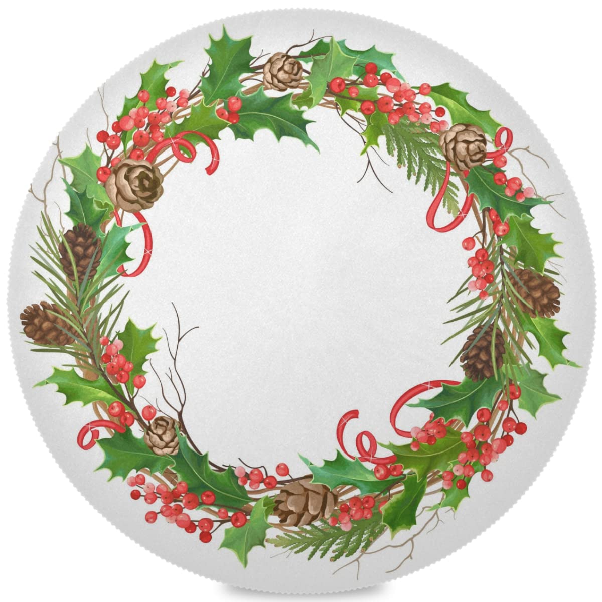 Christmas Wreath Holly Round Placemats - Set of 6 Non-Slip Dining Table Mats with Winter Berries, Pine Cones & Ribbons - Waterproof Easy Clean Kitchen Table Decor for Home, Wedding & Holiday Parties - Perfect for Christmas Dinner, Winter Gatherings & Festive Celebrations