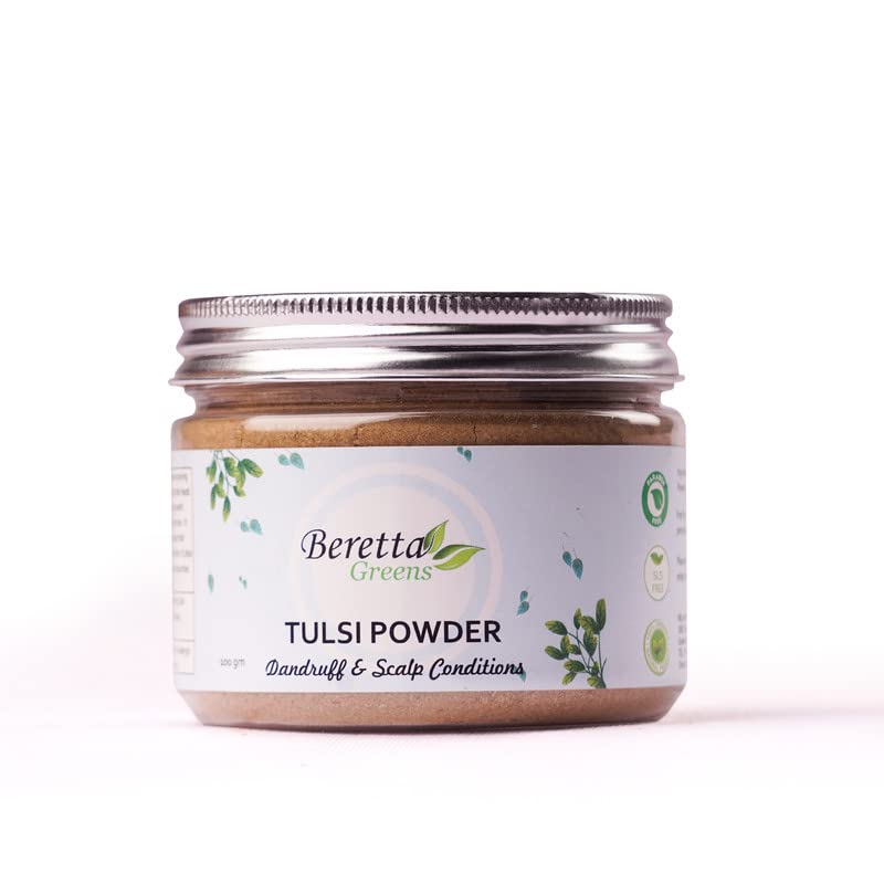 Organic Beretta Greens Natural Tulsi Powder (100g) - Holy Basil Powder for Face Pack, Hair Growth & Skin Care | Ayurvedic Herbal Supplement for Detox, Stress Relief & Immunity Boost