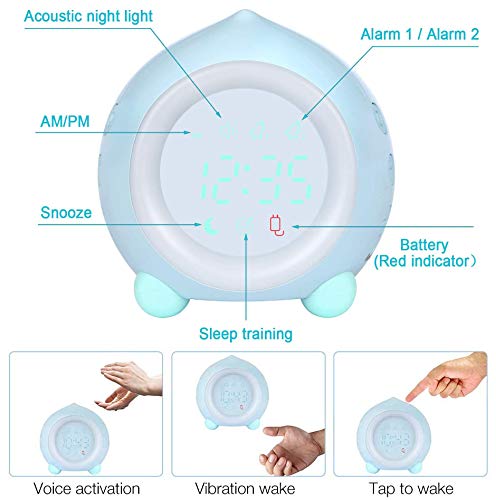 Kids Alarm Clock with Wake Up Light & Sleep Training - Digital USB Night Light with Snooze, Sunrise Simulation, Temperature & Date Display - Ideal for Boys & Girls Bedroom, Student Dorm, Nap Time (Pink)