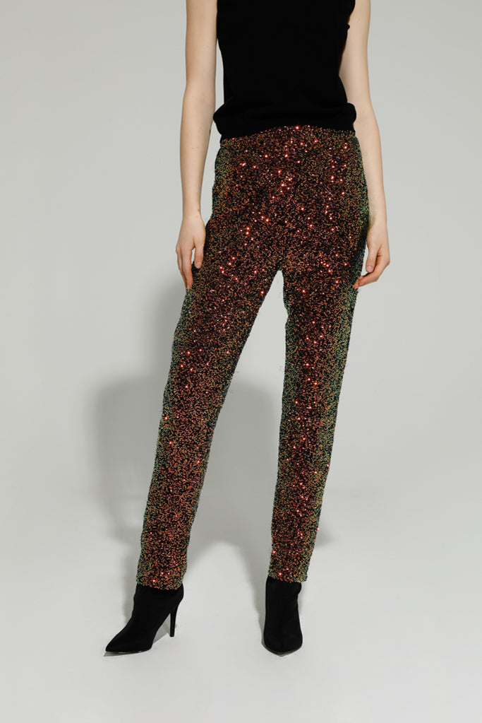 BENNY SEQUIN TROUSERS - Women's High Waisted Sparkly Pants in Emerald Green & Bronze for Party, Night Out, and Special Occasions