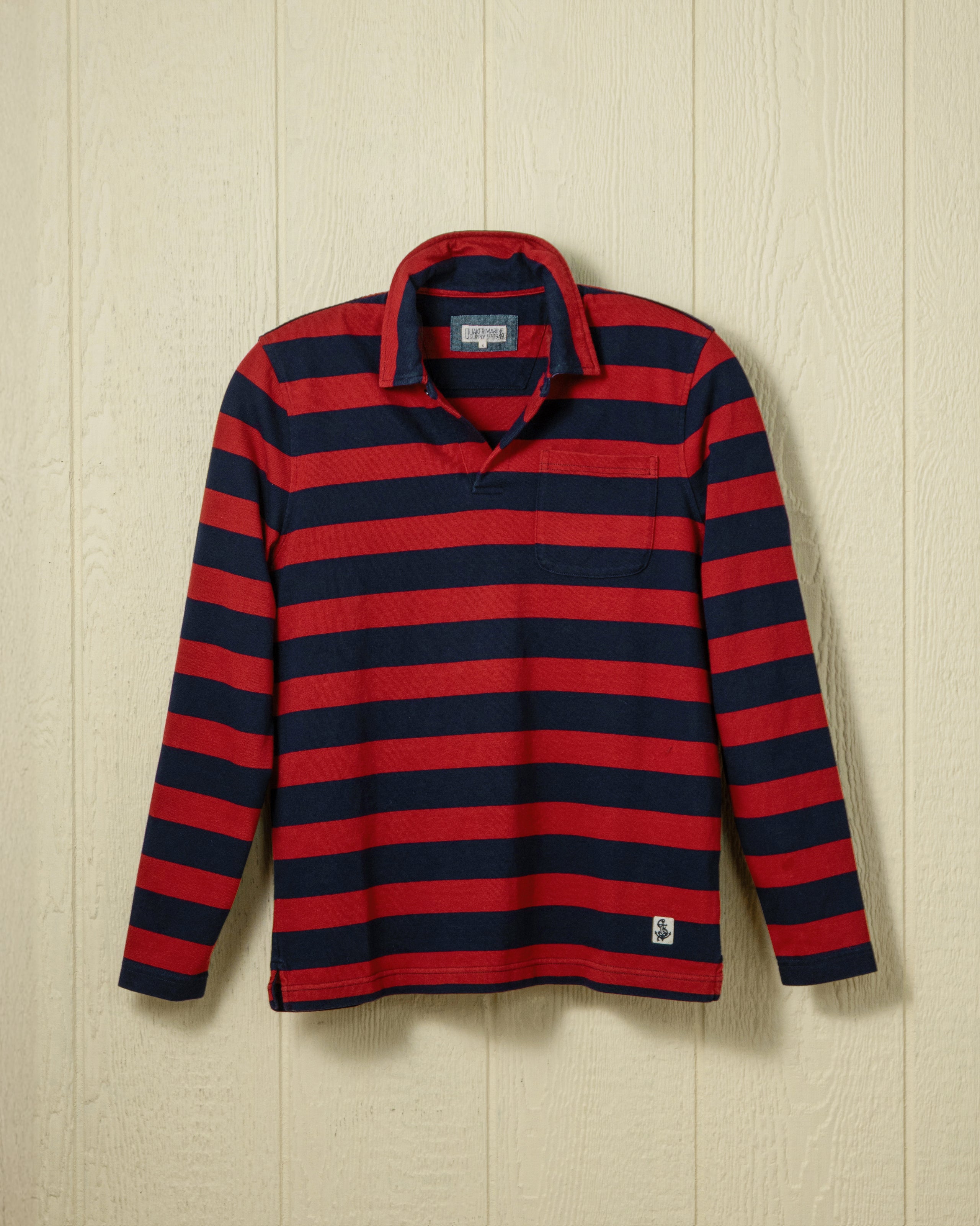Men's Long Sleeve Indigo Polo Shirt - Navy & Burgundy Wide Stripe Casual Button Down Shirt for Golf, Business & Everyday Wear