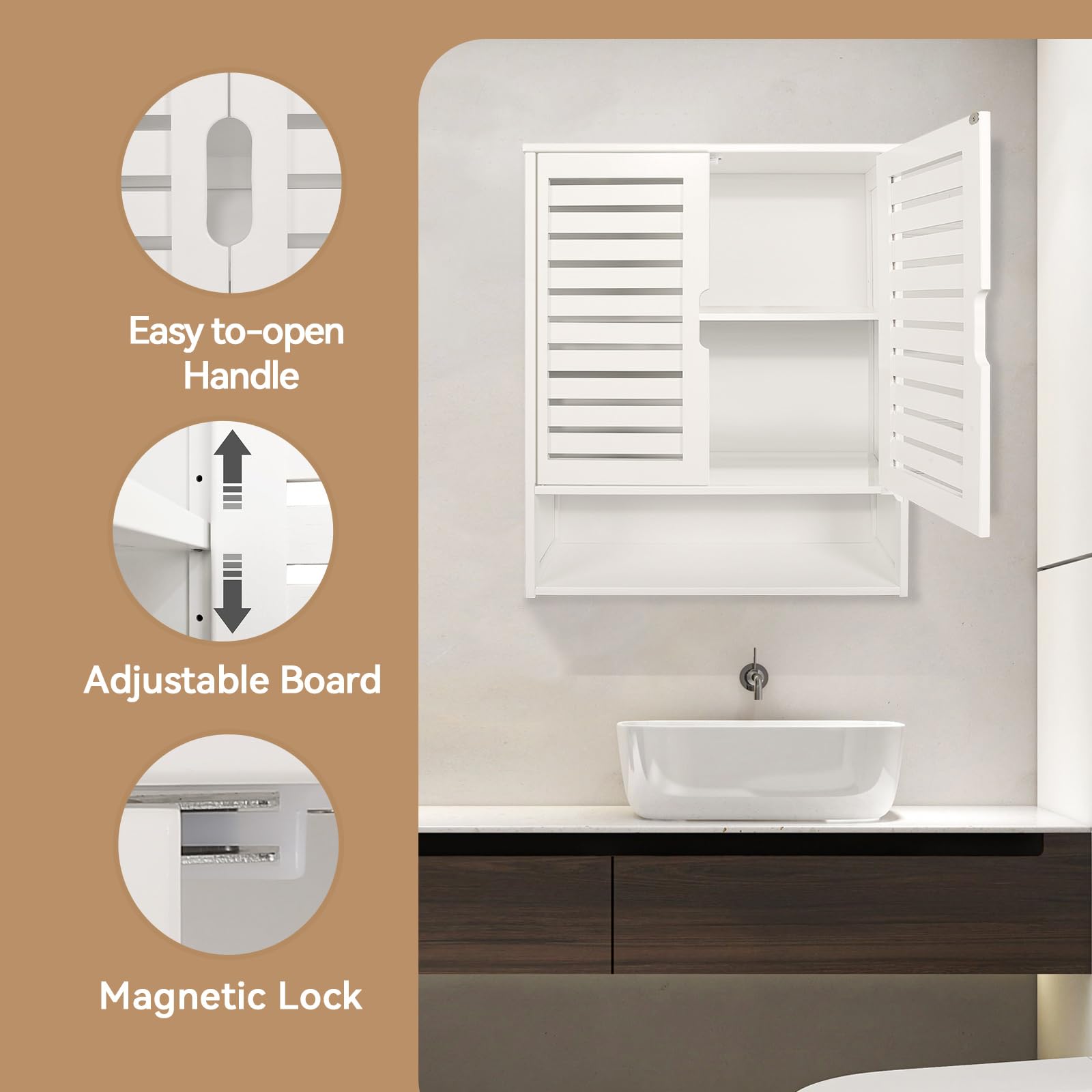 White Bamboo Wall Cabinet with Double Doors - Bathroom Storage Organizer, Kitchen & Living Room Wall Mounted Cabinet - Perfect for Bathroom Essentials, Kitchen Supplies & Home Decor Organization