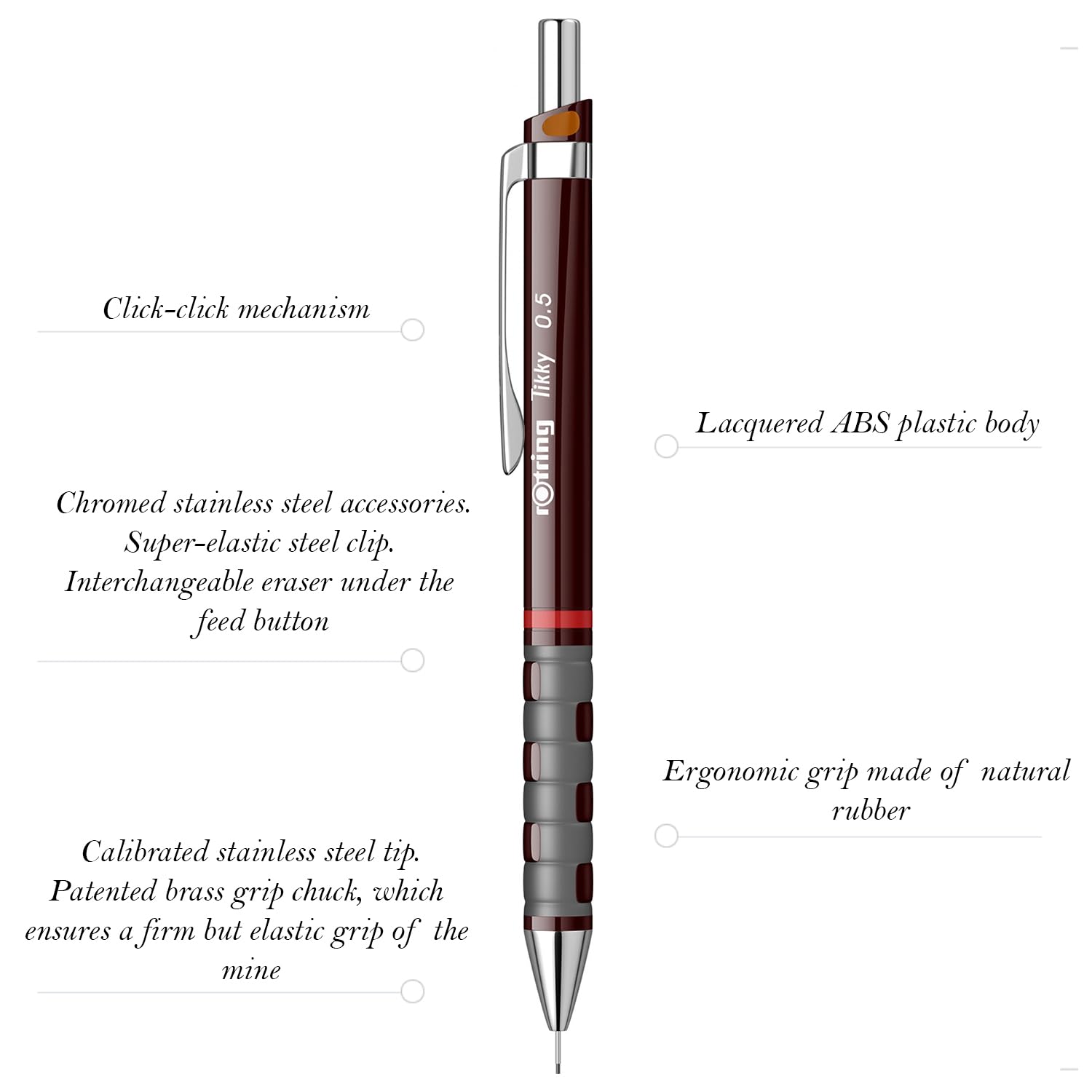 Rotring Tikky 0.5mm Mechanical Pencil - Burgundy Red Drafting Pencil for Writing, Drawing & Sketching - Perfect for Students, Artists & Engineers (1904691)