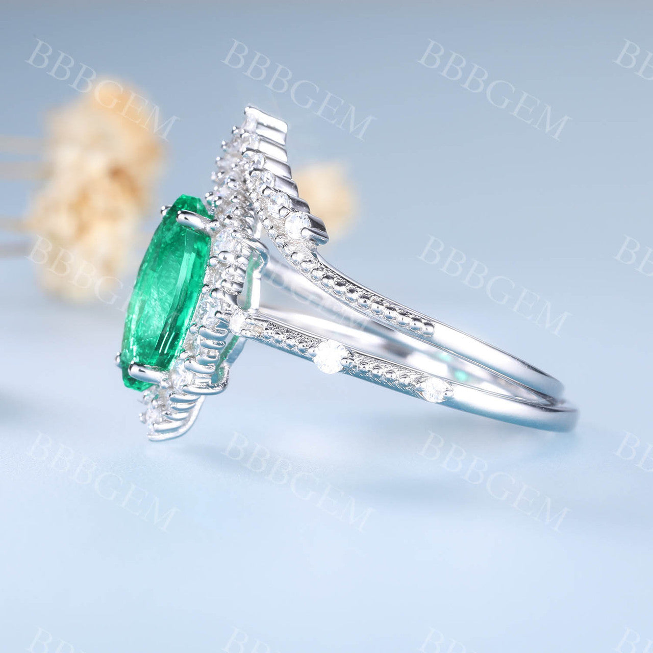Marquise Emerald Engagement Ring & Wedding Ring Set - V-Curved Stacking Diamond Band for Women | Perfect for Proposals, Anniversaries & Bridal Jewelry