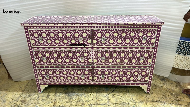 Handmade Bone Inlay Dresser with Six Drawers - Vintage Boho Bedroom Furniture for Storage & Organization