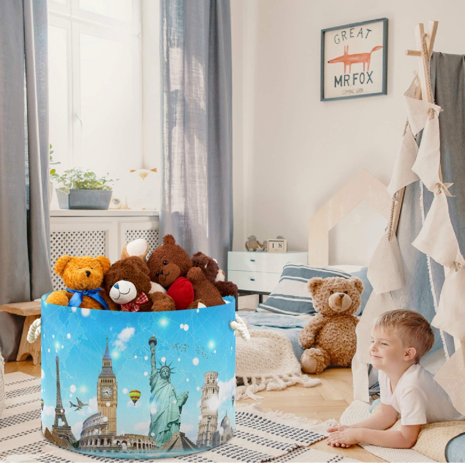 Visesunny Collapsible Storage Basket - World Landmarks Themed Nursery Hamper for Clothes, Toys & Laundry | Organizer Bin for Kids Room, Playroom, Bathroom, Living Room, Dorm & Office | Perfect for Home Organization & Space Saving