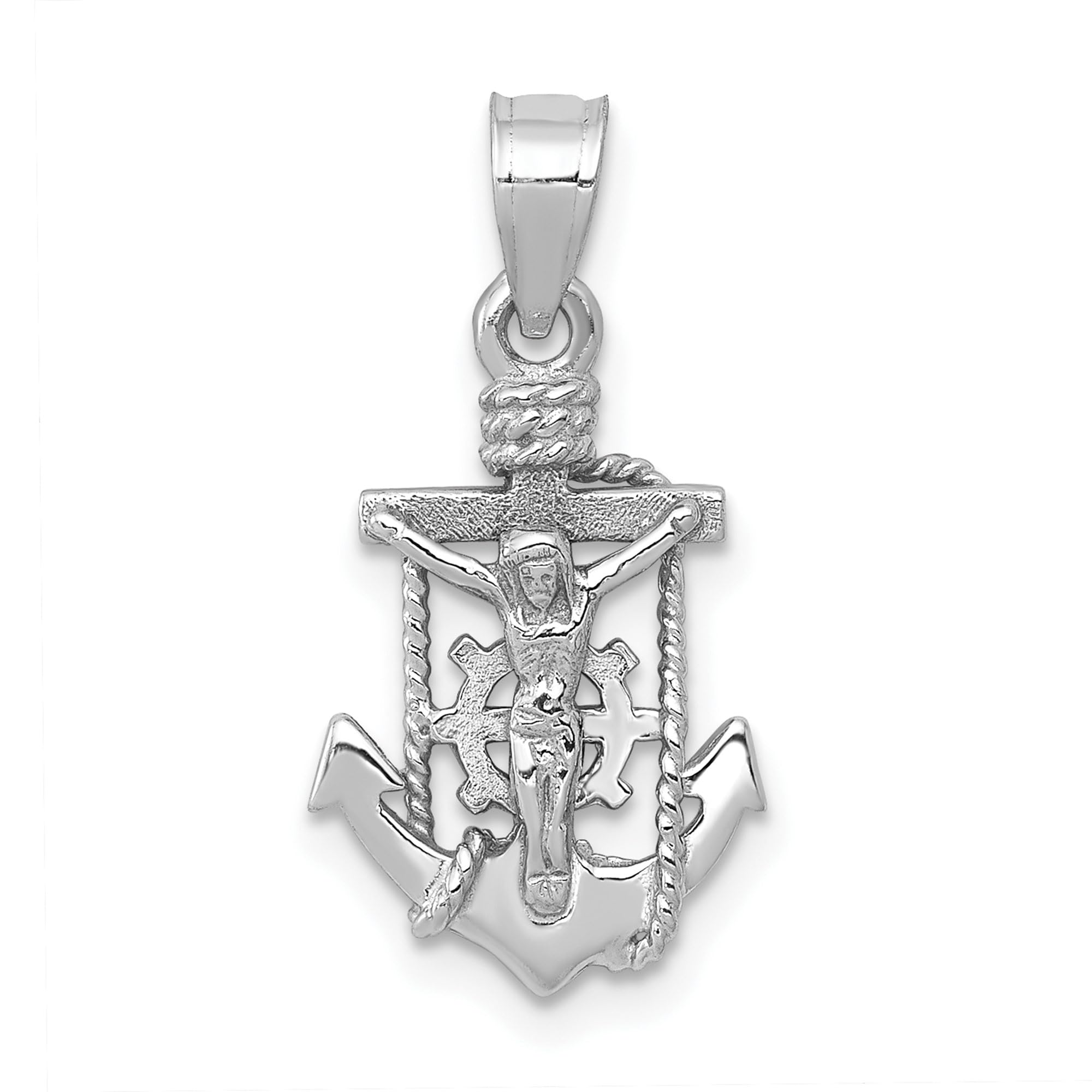 14K Solid White Gold Anchor Mariner Crucifix Necklace - Religious Jesus Christ Cross Pendant with Nautical Charm - Perfect for Baptism, Confirmation & Everyday Faith Jewelry