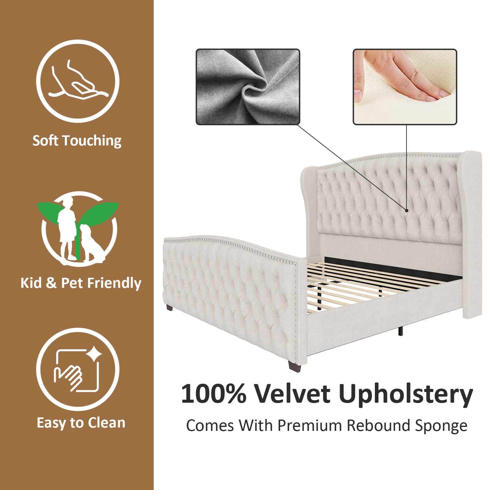 AMERLIFE Queen Size Velvet Upholstered Platform Bed Frame with Button Tufted Headboard & Nailhead Trim - No Box Spring Needed in Cream | Modern Bedroom Furniture for Master Suite, Guest Room & Apartment