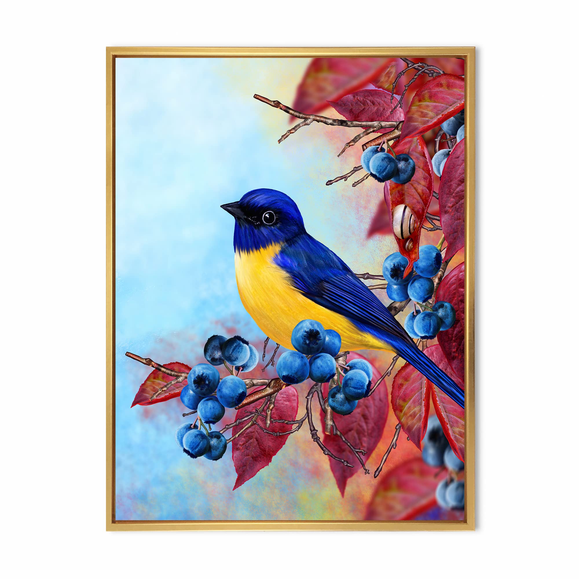 Traditional Framed Canvas Wall Art Print - Bright Bullfinch Bird Sitting on Branch - Home Decor, Living Room, Bedroom, Office Wall Art