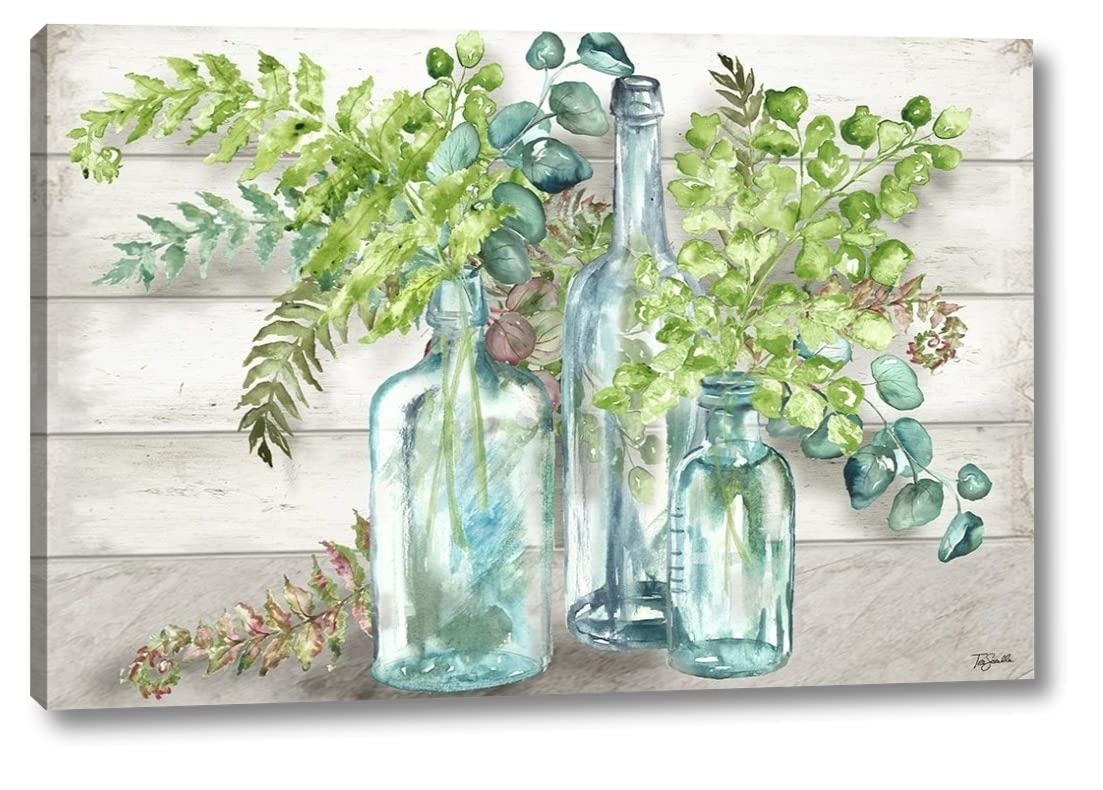 Vintage Bottles and Ferns Landscape Canvas Wall Art Print - 24