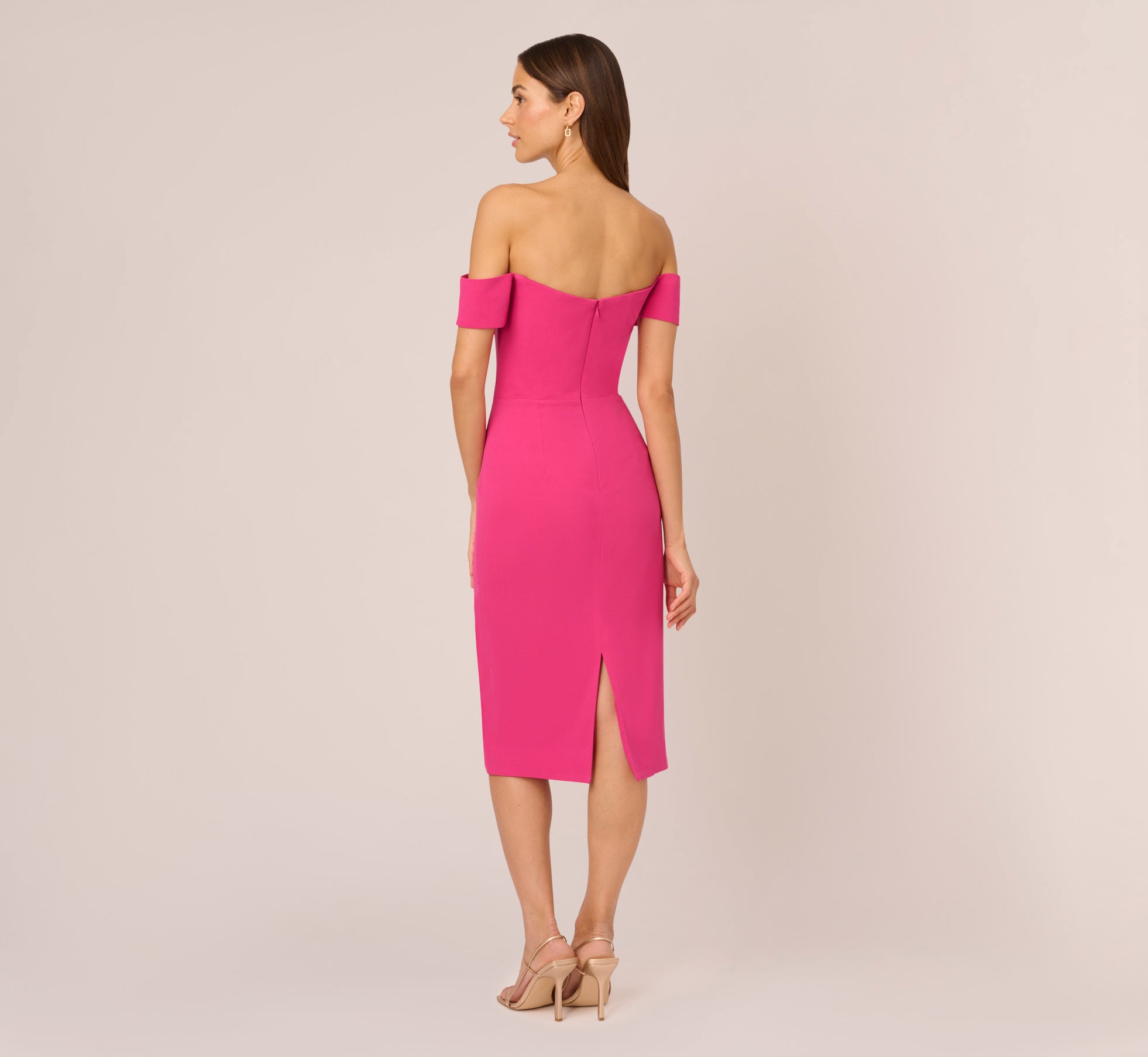 Elegant Off The Shoulder Midi Dress with Sweetheart Neckline in Fuchsia - Perfect for Summer Weddings & Date Nights